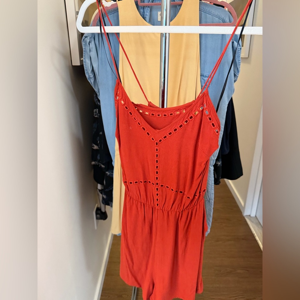 Zara Red Eyelet-Trim Spaghetti-Strap Romper